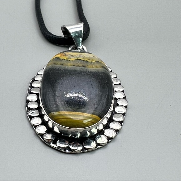 New Bumblebee Jasper Stone Silver Overlay Pendant with Cord - Picture 5 of 5